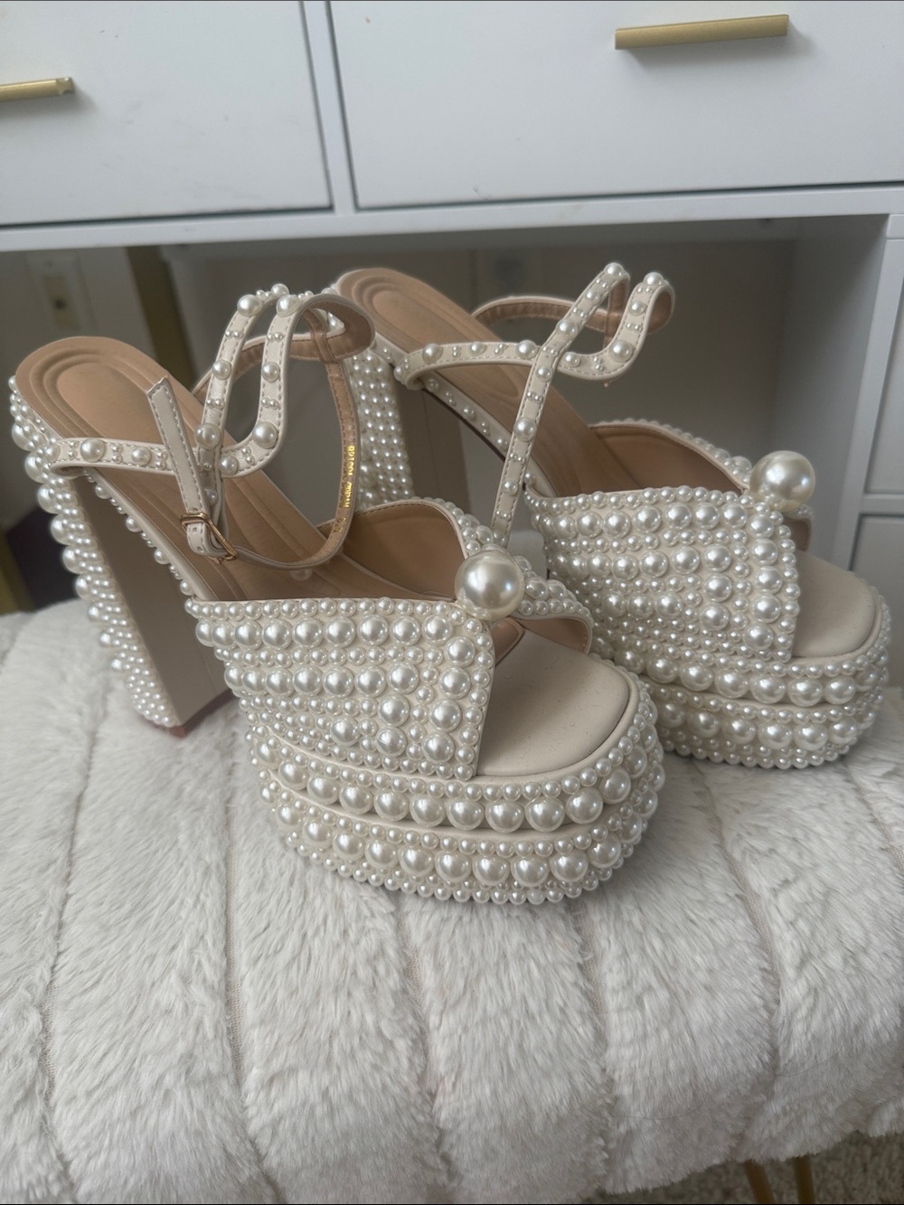 Pearl-Embellished Ivory Platform Heels with Ankle Straps